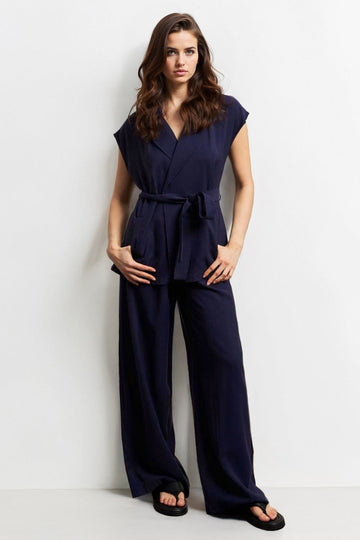 KATCH ME Notch Lapel Cap Sleeve Waist Tie Blazer Top & Wide Leg Trousers Co-ord  29.99